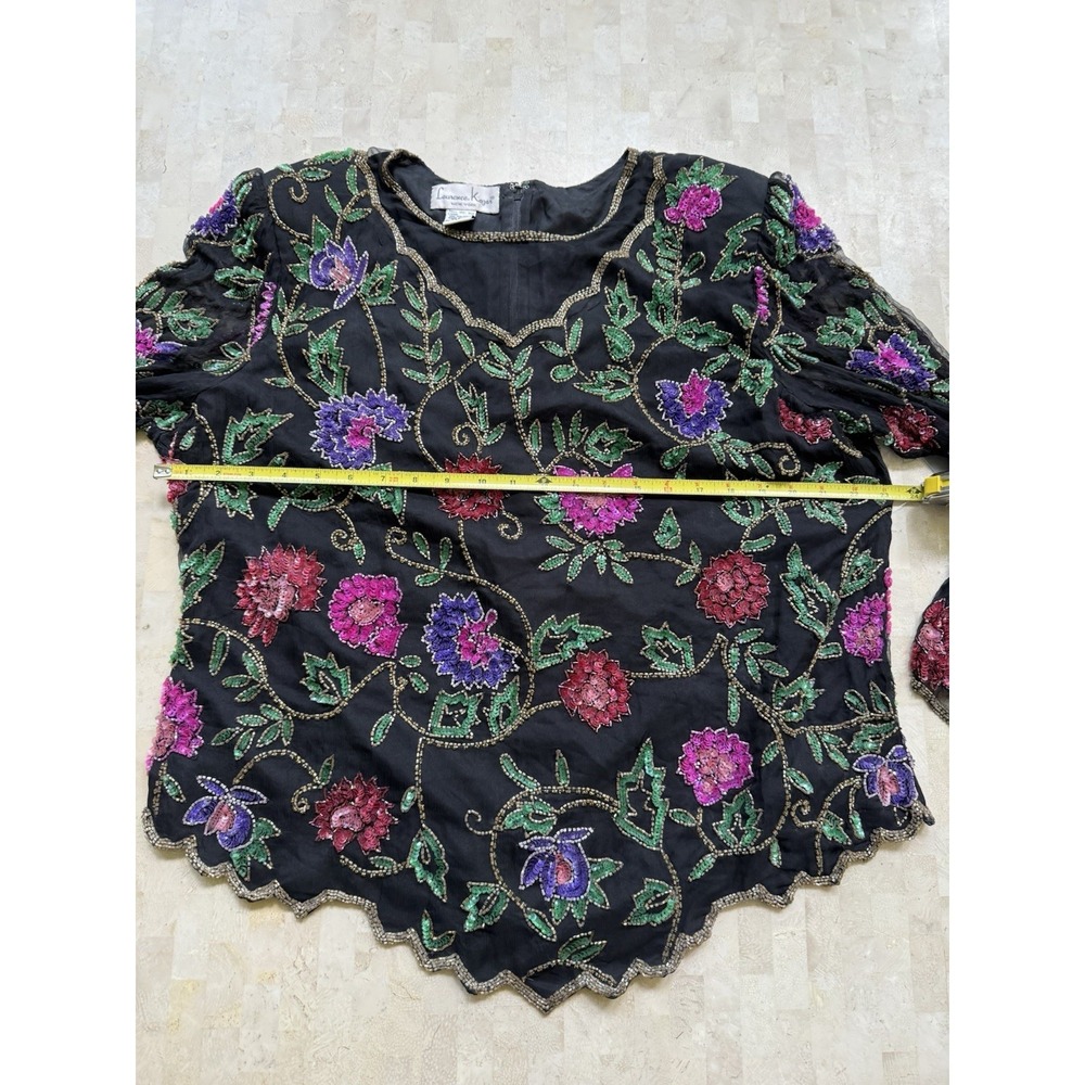 Vtg Laurence Kazar Silk Floral Beaded Short Sleeve Black Top Plus Womens 2X - Picture 4 of 10
